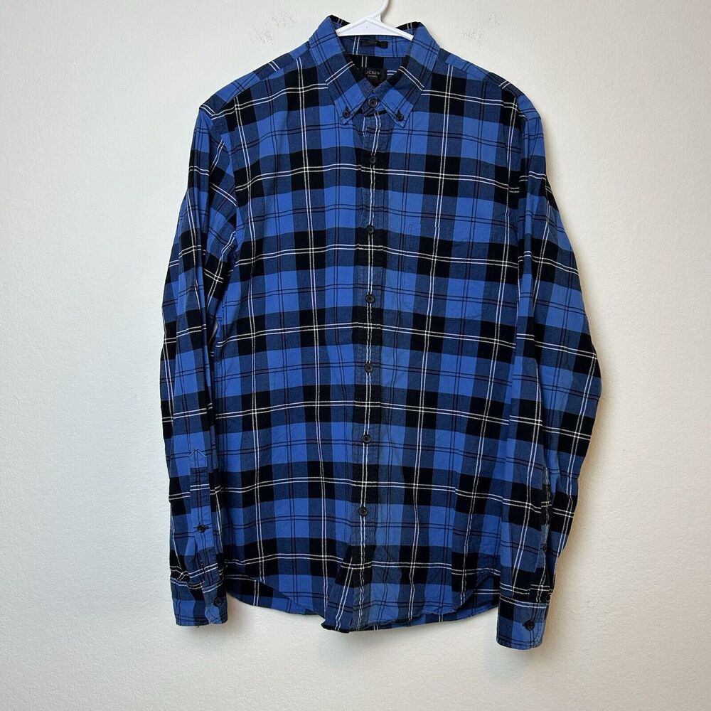 J Crew Shirt Mens Medium Blue Oxford Button Down Plaid Flannel Slim Preppy Norm